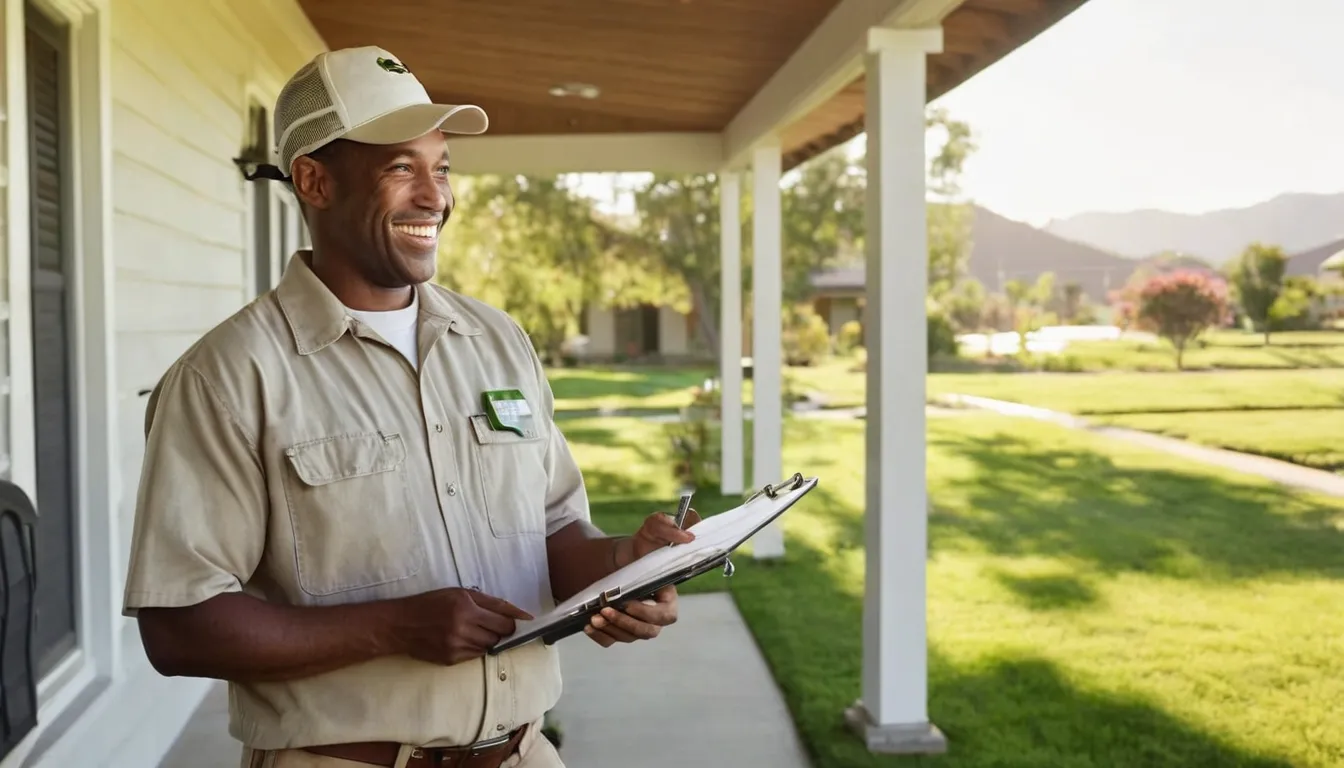 A friendly pest control provider talking with a homeowner at the front door of a ranch home in Overland Park